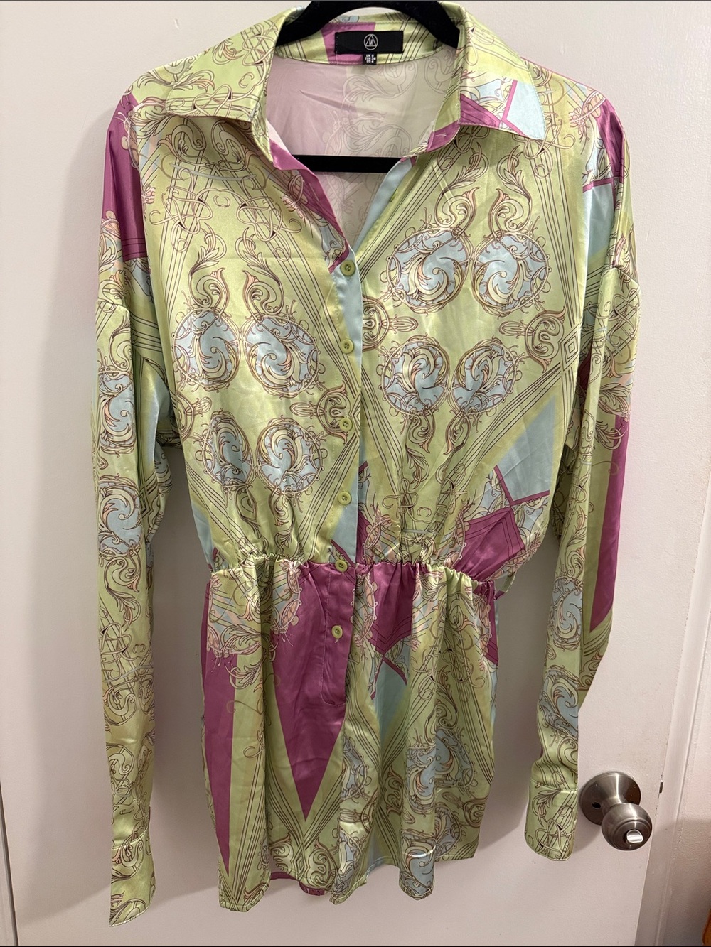 Missguided Green and Pink Satin Printed Drawstring Shirt Romper - Size 4